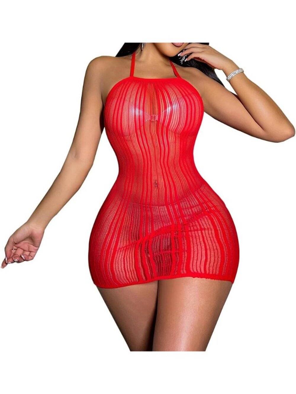 Women's Body Stocking Red Nylon Halter Neck Sleeveless Lingerie Nightwear Soft